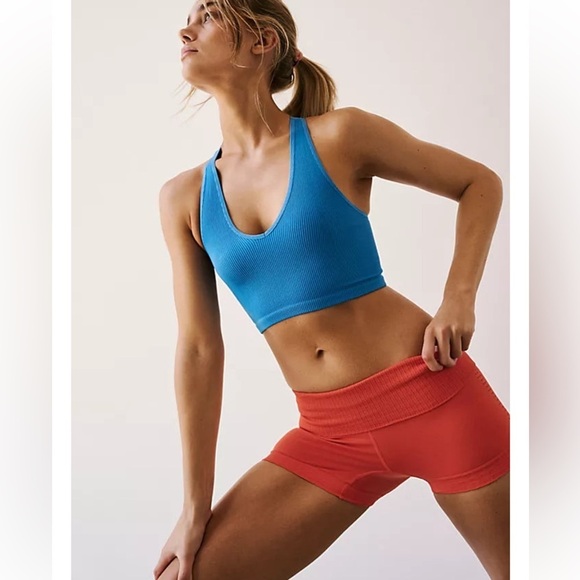 🏀Free People FP Movement The Free Throw Long Crop Tank Varsity Blue Tan XS XL - Picture 4 of 15